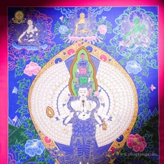 Tranh Thangka Quan Âm Thập Nhất Diện Nền Xanh Vẽ Vàng 62x79cm | Pháp Tạng