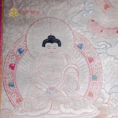 Thangka Đức Tara trắng vẽ tay dát bạc Tu viện Gompa 95x125