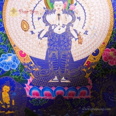 Tranh Thangka Quan Âm Thập Nhất Diện Nền Xanh Vẽ Vàng 62x79cm | Pháp Tạng