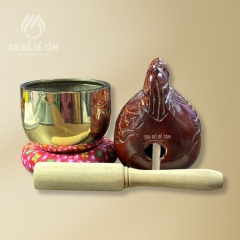 Bộ Chuông Mõ Gỗ Mít Kèm Đế & Dùi Gõ – Pháp Cụ Tụng Kinh