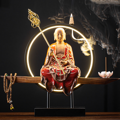 Tượng Đức Địa Tạng Vương gốm tử sa (bộ gồm kệ đèn)