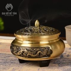Bộ Lư Xông Trầm Bằng Đồng Vàng Kèm Đế Họa Tiết Rồng