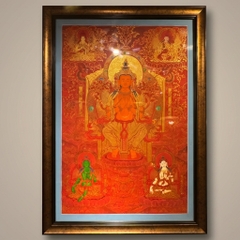 Tranh Thangka Đức Bồ Tát Di Lặc (Maitreya) Nền Đỏ 65x90cm | Pháp Tạng