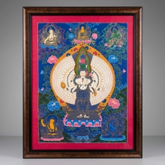 Tranh Thangka Quan Âm Thập Nhất Diện Nền Xanh Vẽ Vàng 62x79cm | Pháp Tạng