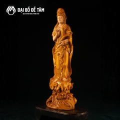 Tôn Tượng Quan Âm Bồ Tát Như Ý – Gỗ Pơ Mu Vàng Cao 50cm
