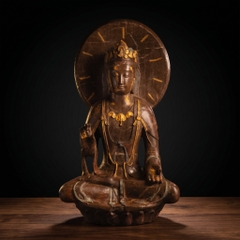 Tôn Tượng Bồ Tát Đá Sa Thạch Nguyên Khối Xưa Điểm Vàng (Cao 68cm)