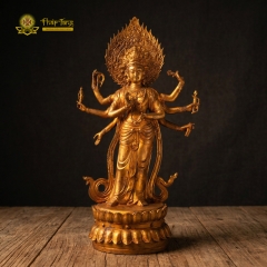 Tượng Quán Thế Âm Bồ Tát 8 Tay Dáng Đứng Đồng Vàng Đài Loan 40cm