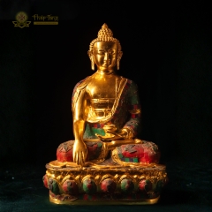 Tượng Phật Thích Ca Mâu Ni Đồng Gắn Đá Xanh Mạ Vàng 24K 40cm