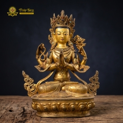 Tượng Quán Thế Âm Bồ Tát Tứ Thủ Đồng Vàng Nepal 32cm