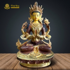 Tượng Quán Thế Âm Bồ Tát Tứ Thủ Nepal Đồng Vàng Sơn Nâu