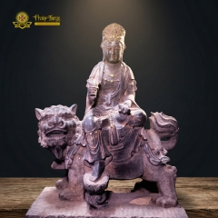 Tượng Văn Thù Sư Lợi Cưỡi Sư Tử Đá Xanh Độc Bản 67cm