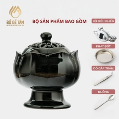 Lư Điện Xông Trầm Gốm Đen Nắp Đồng Hình Sen Nở