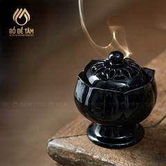 Lư Điện Xông Trầm Gốm Đen Nắp Đồng Hình Sen Nở