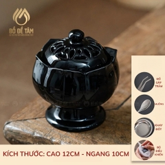 Lư Điện Xông Trầm Gốm Đen Nắp Đồng Hình Sen Nở