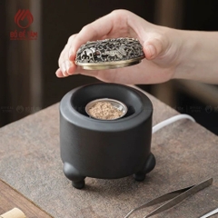 Lư Điện Xông Trầm Gốm Đen Nắp Đồng Họa Tiết Cổ
