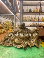 Tượng Đức Di Lặc đồng ôm túi tài bảo (14x27x13cm)