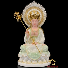 Tượng Địa Tạng Vương Bồ Tát ngồi hoa sen bằng bột đá cẩm thạch thiên thanh viền vàng có lá đề cao từ 40 cm - 90 cm