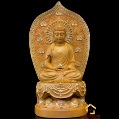 Tượng Phật Tây Phương Tam Thánh Ngồi Đài Sen Có Lá Đề Bằng Gỗ Long Não cao 40 – 65cm