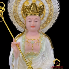 Tượng Địa Tạng Vương Bồ Tát ngồi hoa sen bằng bột đá cẩm thạch thiên thanh viền vàng có lá đề cao từ 40 cm - 90 cm