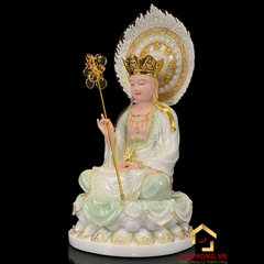Tượng Địa Tạng Vương Bồ Tát ngồi hoa sen bằng bột đá cẩm thạch thiên thanh viền vàng có lá đề cao từ 40 cm - 90 cm