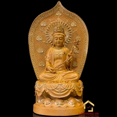 Tượng Phật Tây Phương Tam Thánh Ngồi Đài Sen Có Lá Đề Bằng Gỗ Long Não cao 40 – 65cm