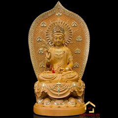 Tượng Phật Tây Phương Tam Thánh Ngồi Đài Sen Có Lá Đề Bằng Gỗ Long Não cao 40 – 65cm