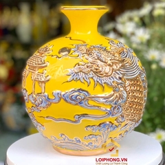 Bình hút tài lộc cá chép hóa rồng vẽ vàng màu vàng, xanh, đỏ cao 22 cm – 25 cm