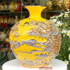 Bình hút tài lộc cá chép hóa rồng vẽ vàng màu vàng, xanh, đỏ cao 22 cm – 25 cm