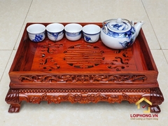 Khay trà gỗ hương chạm rồng chân quỳ 37x27x12 cm