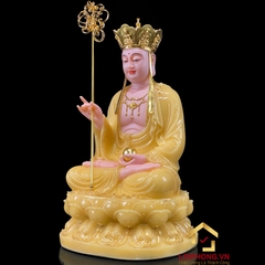 Tượng Địa Tạng Vương Bồ Tát Ngồi Đế Hoa Sen Bằng Bột Đá Thạch  Anh Viền Vàng cao từ 30 - 65 cm