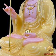 Tượng Địa Tạng Vương Bồ Tát Ngồi Đế Hoa Sen Bằng Bột Đá Thạch  Anh Viền Vàng cao từ 30 - 65 cm