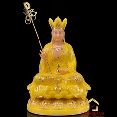 Tượng Địa Tạng Vương Bồ Tát Ngồi Đế Hoa Sen Bằng Bột Đá Thạch  Anh Viền Vàng cao từ 30 - 65 cm