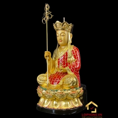 Tượng Địa Tạng Vương Bồ Tát Ngồi Đài Sen Bằng Gỗ Long Não Dát Vàng cao 48cm