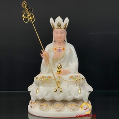 Tượng Địa Tạng Vương Bồ Tát Ngồi Đài Sen Bằng Bột Đá Trắng Viền Vàng Cao 30 – 65 cm
