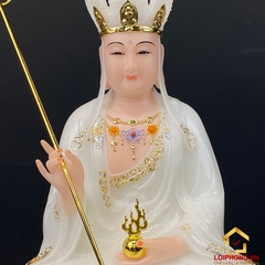 Tượng Địa Tạng Vương Bồ Tát Ngồi Đài Sen Bằng Bột Đá Trắng Viền Vàng Cao 30 – 65 cm