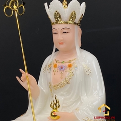 Tượng Địa Tạng Vương Bồ Tát Ngồi Đài Sen Bằng Bột Đá Trắng Viền Vàng Cao 30 – 65 cm