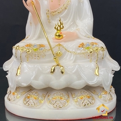 Tượng Địa Tạng Vương Bồ Tát Ngồi Đài Sen Bằng Bột Đá Trắng Viền Vàng Cao 30 – 65 cm