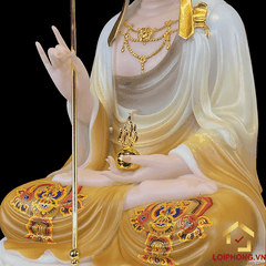 Tượng Địa Tạng Vương Bồ Tát bằng bột đá tọa đài sen đế to vẽ hoa cao 30 , 40 , 48 cm