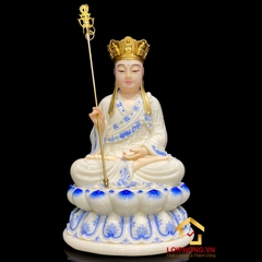 Tượng Địa Tạng Vương Bồ Tát bằng bột đá trắng tọa đài sen viền xanh cao 30 - 65 cm