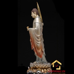 Tượng phật A Di Đà đứng bằng đồng men sơn bạc ấn bảo cao  48 – 65 – 90 – 106 cm