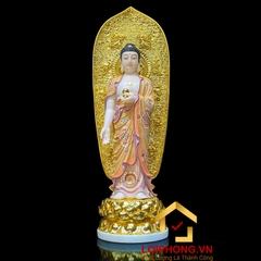 Tượng phật A Di Đà đứng đài sen bằng bột đá vẽ gấm có lá đề dát vàng