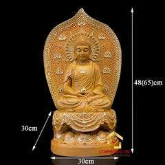 Tượng Phật A Di Đà ngồi đài sen có lá đề bằng gỗ long não cao 48 cm (Tổng lá đề 65cm)