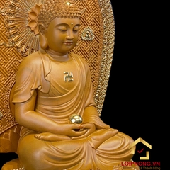 Tượng Phật A Di Đà ngồi đài sen có lá đề bằng gỗ long não cao 48 cm (Tổng lá đề 65cm)