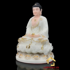 Tượng Phật A Di Đà Ngồi Đế Hoa Sen Bằng Bột Đá Trắng Viền Vàng cao 30 - 65cm