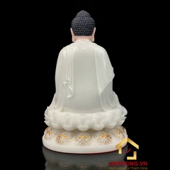 Tượng Phật A Di Đà Ngồi Đế Hoa Sen Bằng Bột Đá Trắng Viền Vàng cao 30 - 65cm