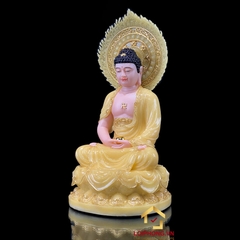 Tượng Phật A Di Đà Ngồi Đế Hoa Sen Có Lá Đề Bằng Bột Đá Thạch Anh Viền Vàng cao 40 - 90cm