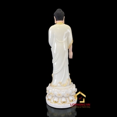 Tượng Phật A Di Đà đứng đài sen bằng bột đá trắng viền vàng cao từ 40cm-150cm