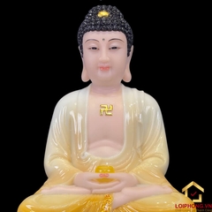 Tượng Phật A Di Đà Ngồi Đế Hoa Sen Bằng Bột Đá Trắng Viền Xám cao 30 - 90cm