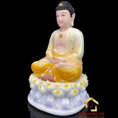 Tượng Phật A Di Đà Ngồi Đế Hoa Sen Bằng Bột Đá Trắng Viền Xám cao 30 - 90cm