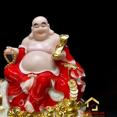 Tượng Phật Di Lặc Ngồi Đế Đồng Tiền Bằng Bột Đá Sơn Đỏ cao 40cm, 48cm